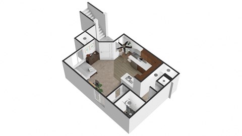 A 3D floor plan of a house with a kitchen, living room, and two bedrooms.